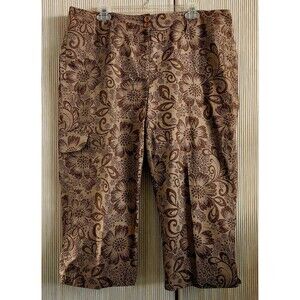 Liz & Co Women's Capri Pants Size 16 Brown Cotton Tropical Floral Cargo Pocket